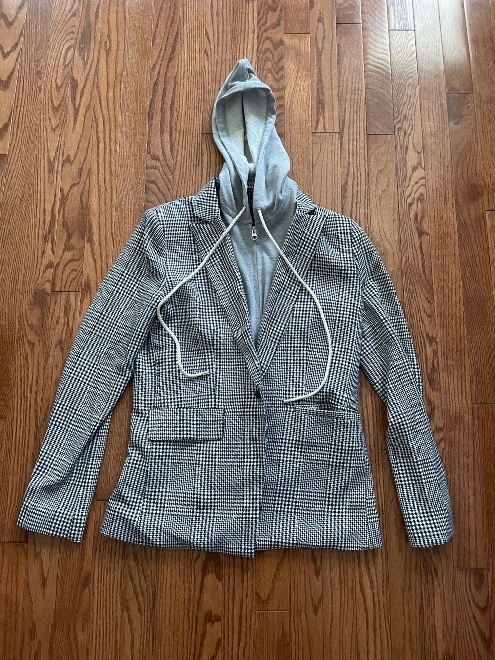 Central Park West Houndstooth Plaid Blazer Grey Hoodie Women’s Sz Small